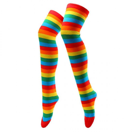 Women Stripe Multi Color Tube Dresses Over the Knee Thigh High Stockings Cosplay Socks