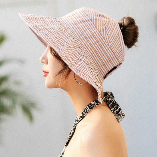 Women Stripe Summer Sunshade Cotton Beach Hat Outdoor Casual Visor Sun Hat