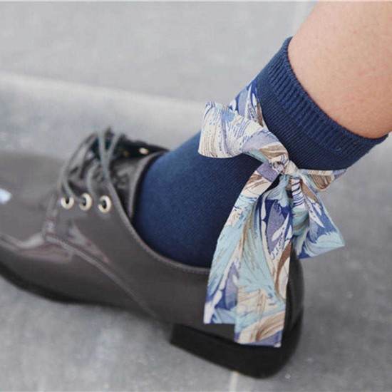 Women Students Casual Combed Cotton Middle Tube Socks With Chiffon Flower Strip