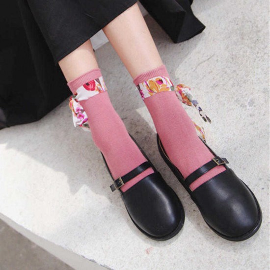 Women Students Casual Combed Cotton Middle Tube Socks With Chiffon Flower Strip