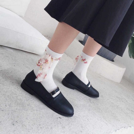 Women Students Casual Combed Cotton Middle Tube Socks With Chiffon Flower Strip