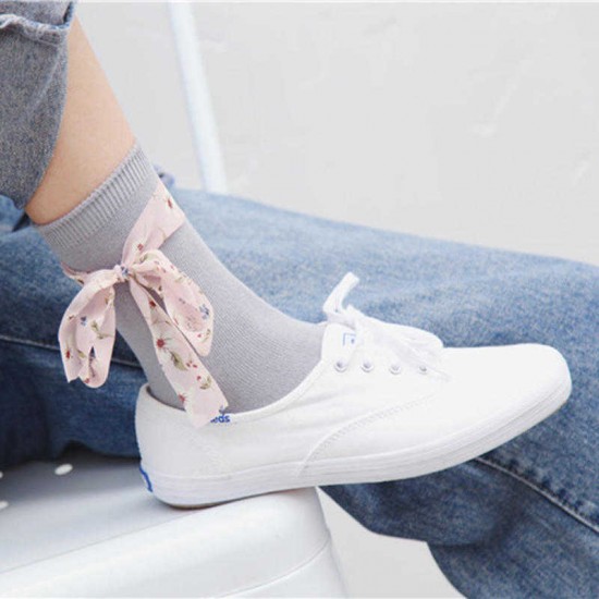 Women Students Casual Combed Cotton Middle Tube Socks With Chiffon Flower Strip