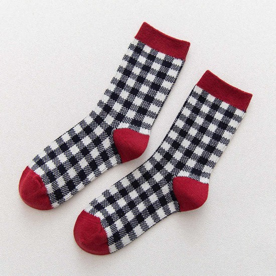 Women Students Cotton Plaid Middle Tube Socks