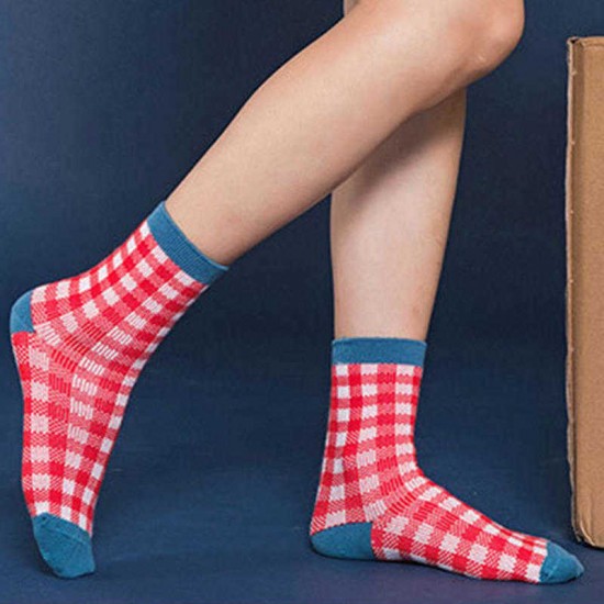 Women Students Cotton Plaid Middle Tube Socks