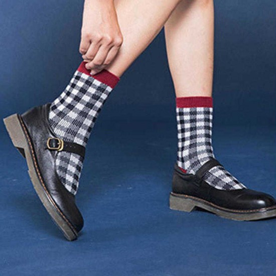 Women Students Cotton Plaid Middle Tube Socks