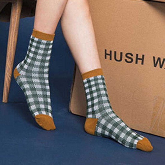 Women Students Cotton Plaid Middle Tube Socks