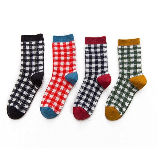 Women Students Cotton Plaid Middle Tube Socks