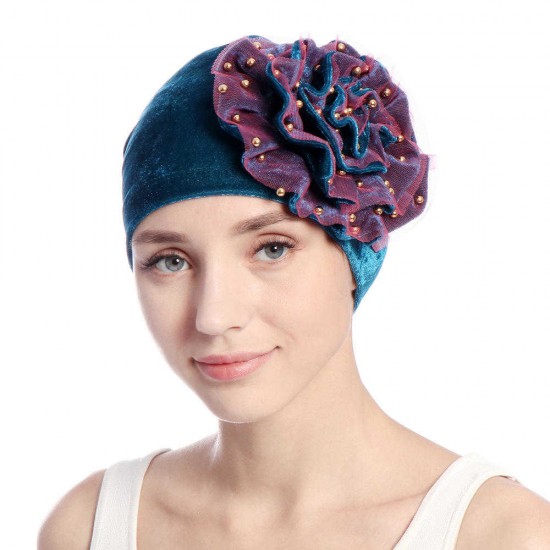 Women Summer African Velvet Flower Turban Hat Ethnic Style Double-Layer Beanie Cap