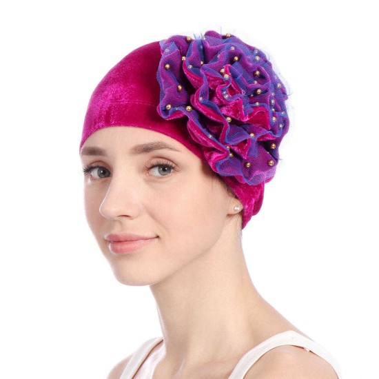 Women Summer African Velvet Flower Turban Hat Ethnic Style Double-Layer Beanie Cap