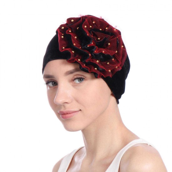 Women Summer African Velvet Flower Turban Hat Ethnic Style Double-Layer Beanie Cap