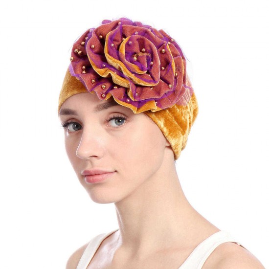 Women Summer African Velvet Flower Turban Hat Ethnic Style Double-Layer Beanie Cap