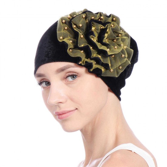 Women Summer African Velvet Flower Turban Hat Ethnic Style Double-Layer Beanie Cap