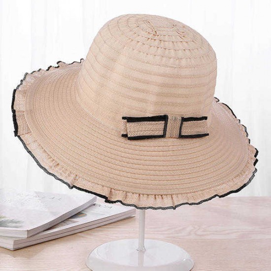 Women Summer Bowknot Straw Beach Hat Big Brim Sunshade Visor Bucket Hats