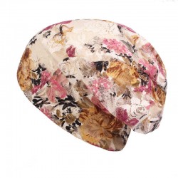 Women Summer Breathable Thin Flowers Ethnic Cotton Lace Beanie Hat Vintage Good Elastic Turban Caps