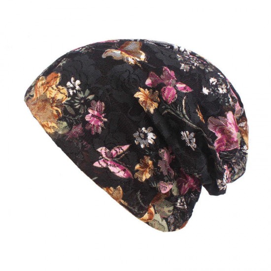 Women Summer Breathable Thin Flowers Ethnic Cotton Lace Beanie Hat Vintage Good Elastic Turban Caps