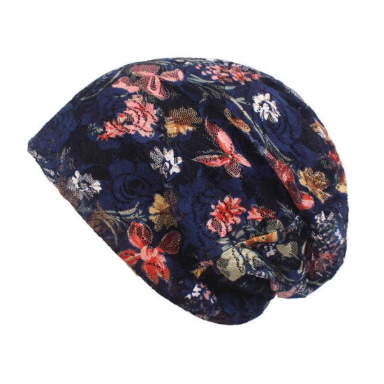 Women Summer Breathable Thin Flowers Ethnic Cotton Lace Beanie Hat Vintage Good Elastic Turban Caps