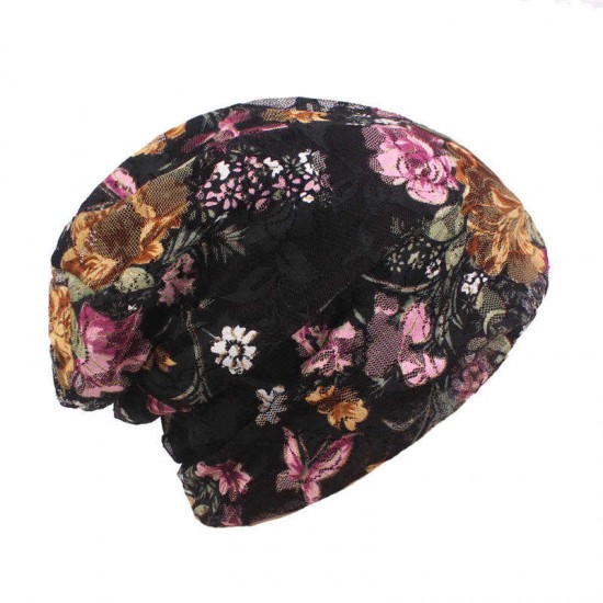 Women Summer Breathable Thin Flowers Ethnic Cotton Lace Beanie Hat Vintage Good Elastic Turban Caps