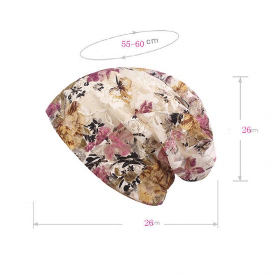 Women Summer Breathable Thin Flowers Ethnic Cotton Lace Beanie Hat Vintage Good Elastic Turban Caps