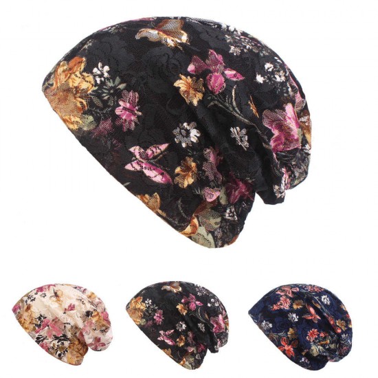 Women Summer Breathable Thin Flowers Ethnic Cotton Lace Beanie Hat Vintage Good Elastic Turban Caps