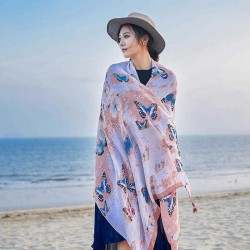 Women Summer Butterflies Print Beach Scarf Oversized Sunscreen Soft Cotton Shawls