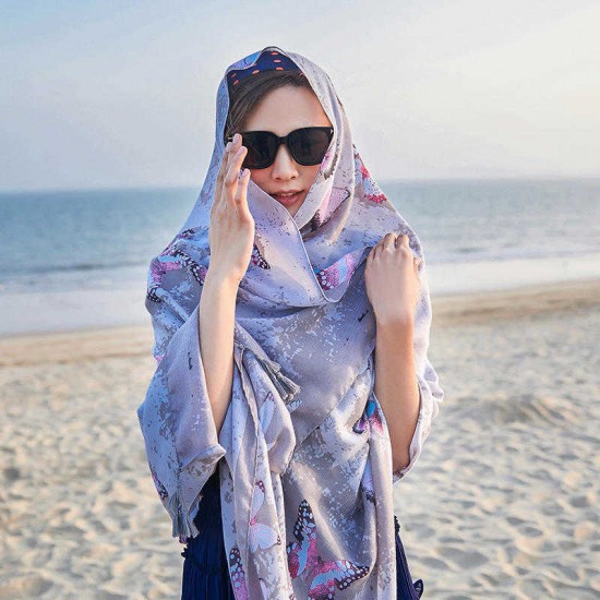 Women Summer Butterflies Print Beach Scarf Oversized Sunscreen Soft Cotton Shawls