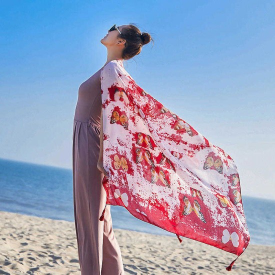 Women Summer Butterflies Print Beach Scarf Oversized Sunscreen Soft Cotton Shawls