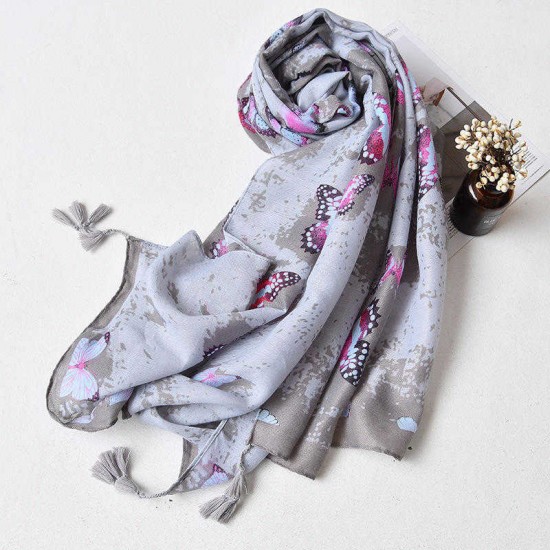 Women Summer Butterflies Print Beach Scarf Oversized Sunscreen Soft Cotton Shawls