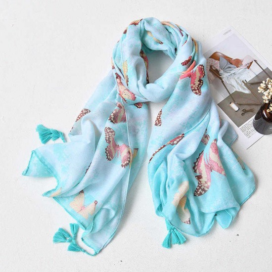 Women Summer Butterflies Print Beach Scarf Oversized Sunscreen Soft Cotton Shawls