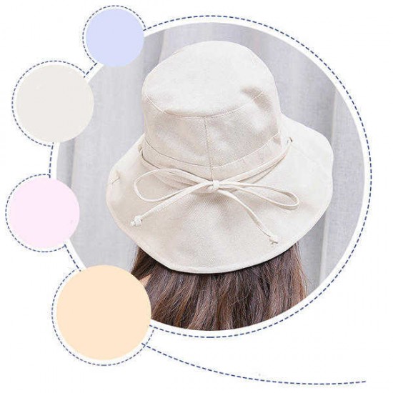 Women Summer Casual Cotton Bucket Hat Foldable Wide Brim Sunscreen Beach Cap