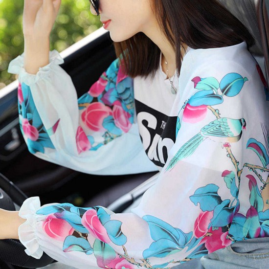 Women Summer Chiffon Print Driving Biking Sunscreen Long Glove Multifunction Sleeves to Cover Arm