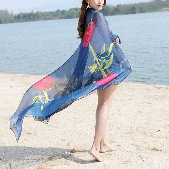 Women Summer Chiffon Rose Printed Beach Towels Thin Soft Shawl Scarf