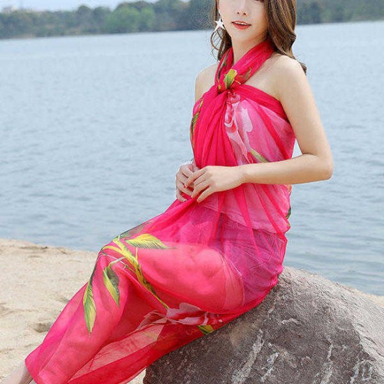 Women Summer Chiffon Rose Printed Beach Towels Thin Soft Shawl Scarf