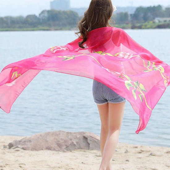 Women Summer Chiffon Rose Printed Beach Towels Thin Soft Shawl Scarf