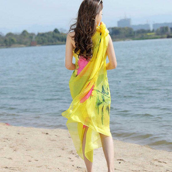 Women Summer Chiffon Rose Printed Beach Towels Thin Soft Shawl Scarf