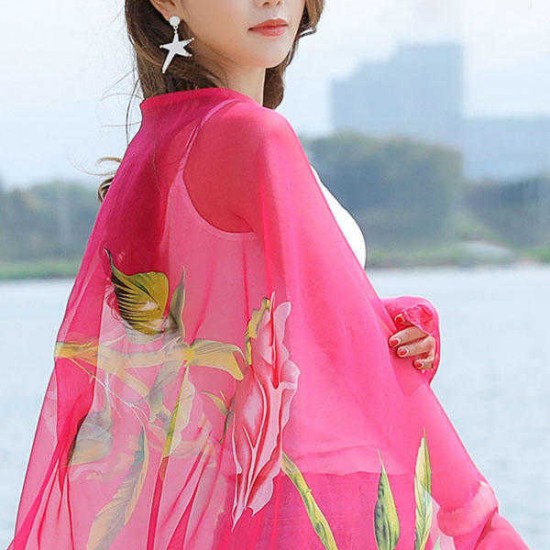 Women Summer Chiffon Rose Printed Beach Towels Thin Soft Shawl Scarf