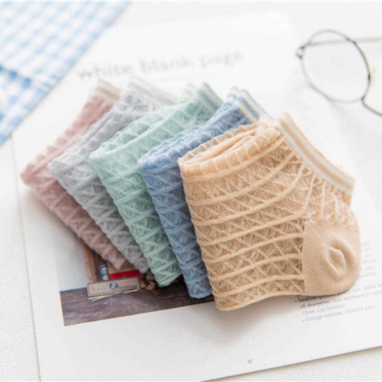 Women Summer Cotton Solid Color Hollow Breathable Mesh Boat Socks Soft Short Tube Sock