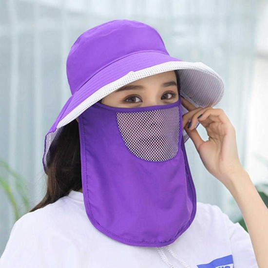 Women Summer Cotton Sunshade Sun Protection Bucket Cap with Face Mask Outdoor Collapsible Fisherman Hat