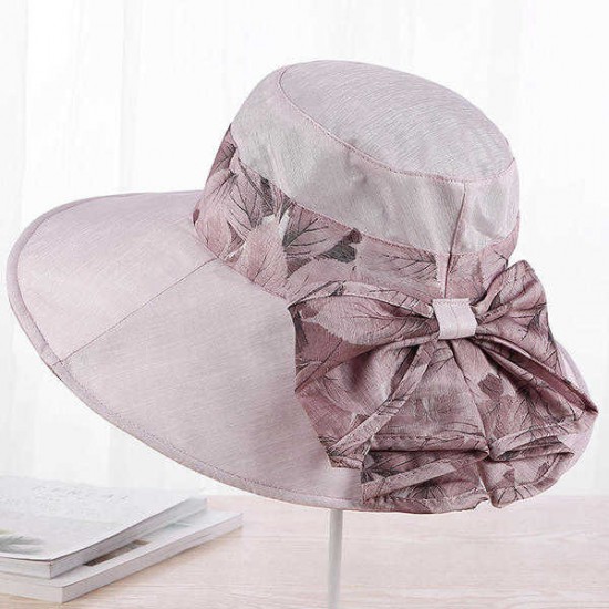 Women Summer Cotton Wide Brimmed Hat Packable Beach Bucket Hats Sunbonnet With Bowknot