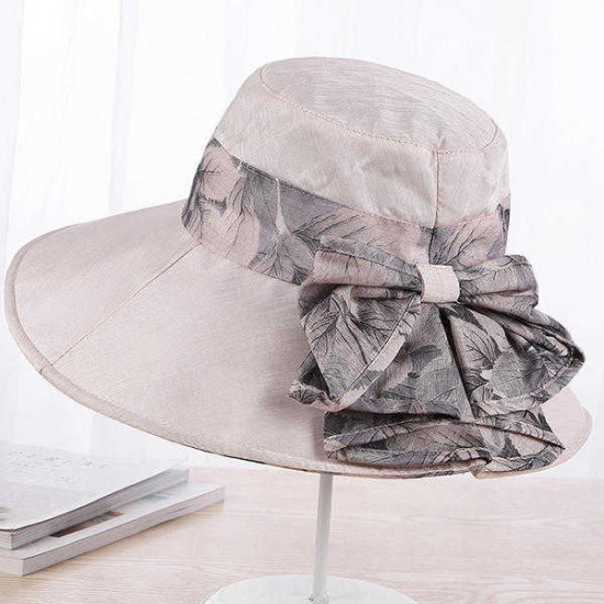 Women Summer Cotton Wide Brimmed Hat Packable Beach Bucket Hats Sunbonnet With Bowknot