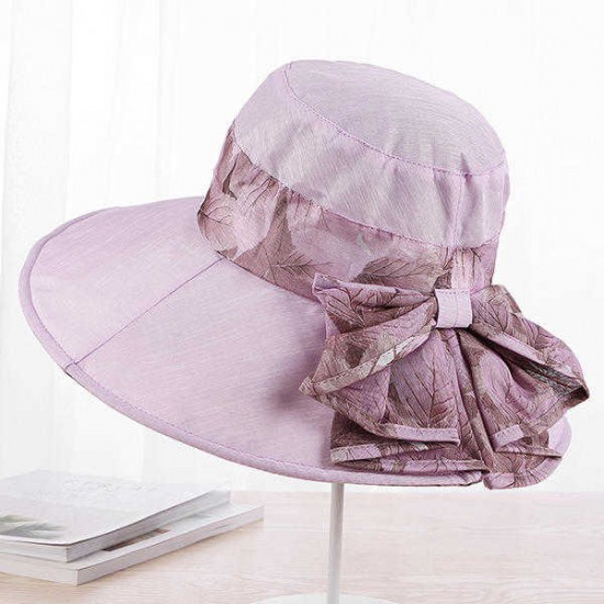 Women Summer Cotton Wide Brimmed Hat Packable Beach Bucket Hats Sunbonnet With Bowknot