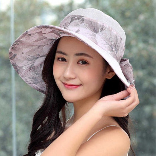 Women Summer Cotton Wide Brimmed Hat Packable Beach Bucket Hats Sunbonnet With Bowknot