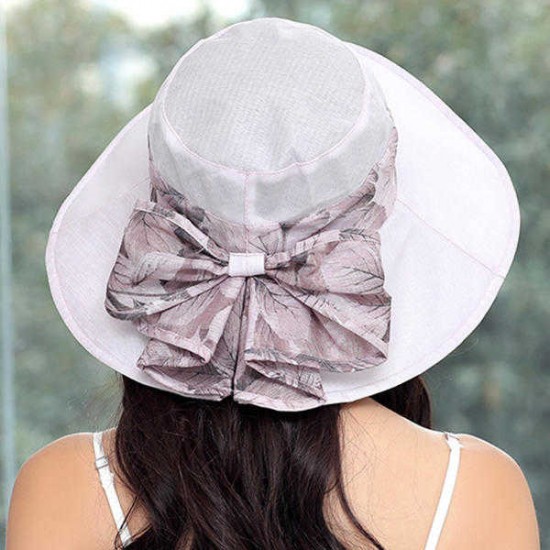 Women Summer Cotton Wide Brimmed Hat Packable Beach Bucket Hats Sunbonnet With Bowknot