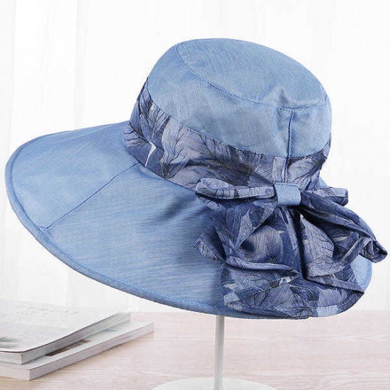 Women Summer Cotton Wide Brimmed Hat Packable Beach Bucket Hats Sunbonnet With Bowknot