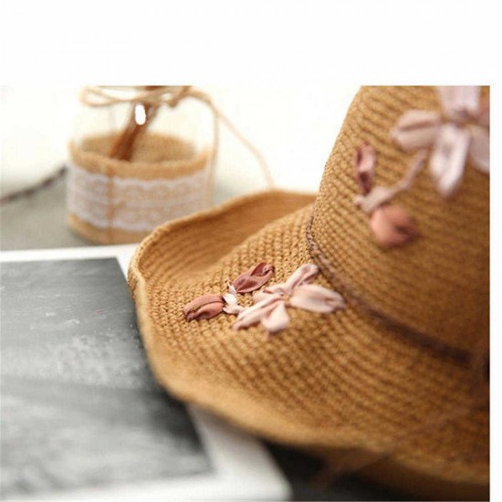 Women Summer Foldable Rafi Straw Hat Outdoor Breathable Anti-UV Sunscreen Bucket Hat