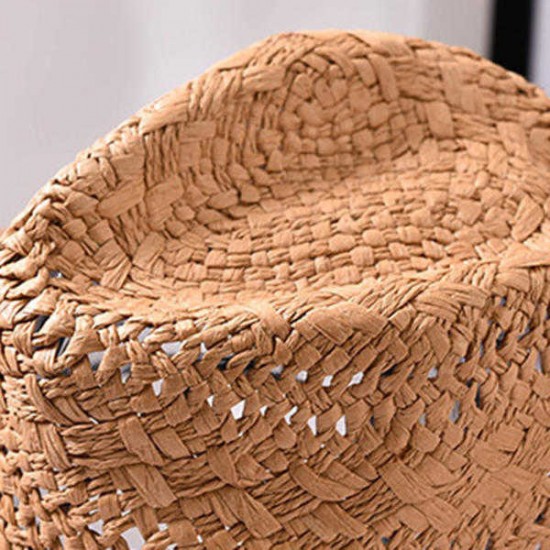 Women Summer Foldable Sunscreen Jazz Beach Hat Straw Hollow Breathable Sun Caps