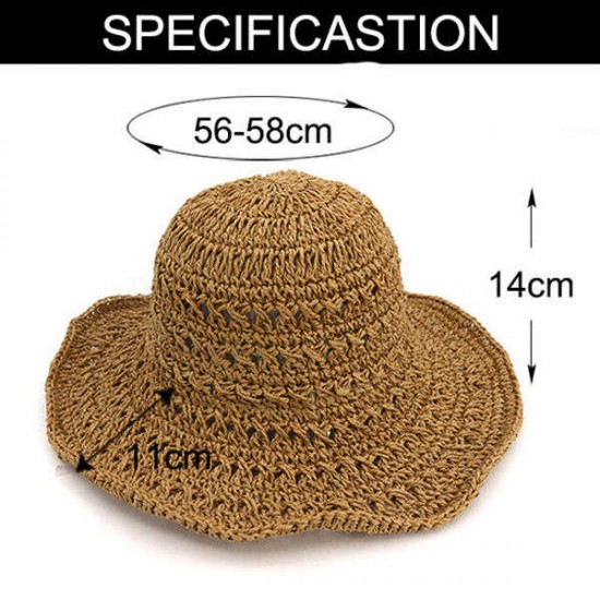 Women Summer Hollow Out Bucket Hat Outdoor Dress Beach Folding Woven Visor