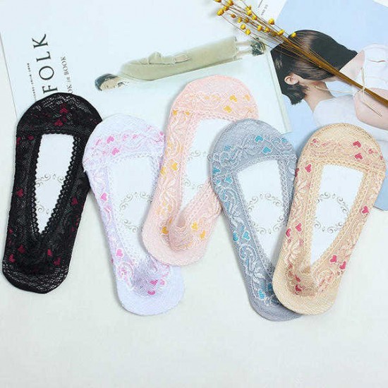 Women Summer Lace Heart Pattern Antiskid Boat Socks Low Cut Shallow Invisible Socks