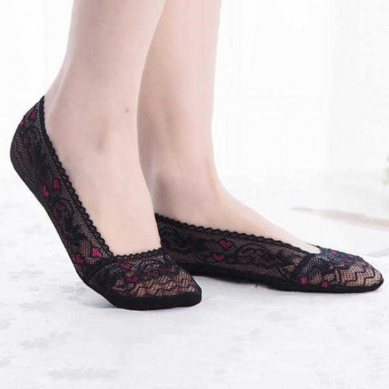 Women Summer Lace Heart Pattern Antiskid Boat Socks Low Cut Shallow Invisible Socks