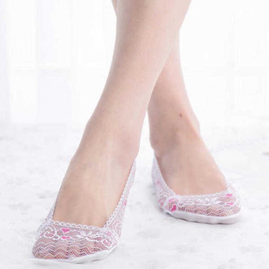 Women Summer Lace Heart Pattern Antiskid Boat Socks Low Cut Shallow Invisible Socks