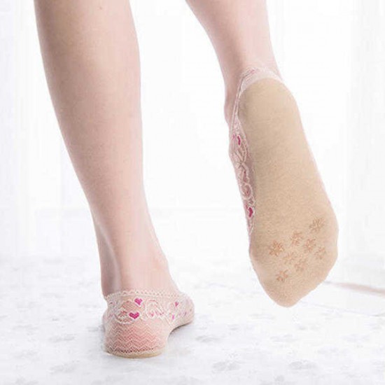 Women Summer Lace Heart Pattern Antiskid Boat Socks Low Cut Shallow Invisible Socks